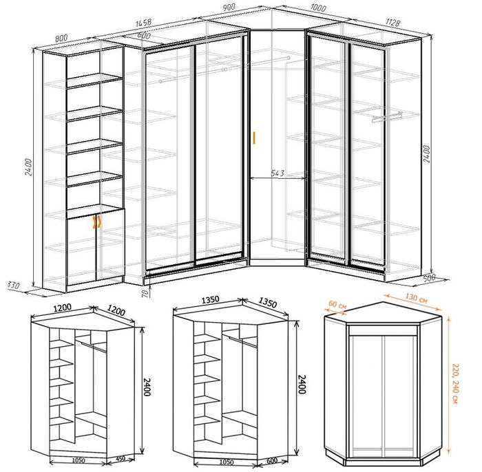 Схемы угловых шкафов-купе с размерами