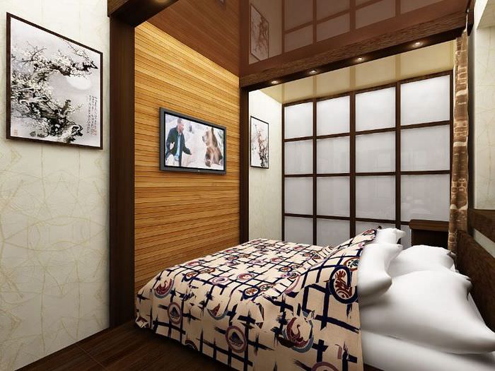 Интерьер узкой спальни в японском стиле
