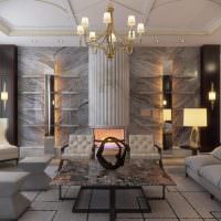 Дизайн гостиной в серых тонах с элементами античности