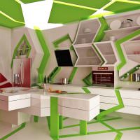 Бело-зеленый кухонный гарнитур нестандартной формы