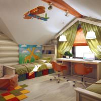 Дизайн комнаты для двоих детей на чердаке частного дома