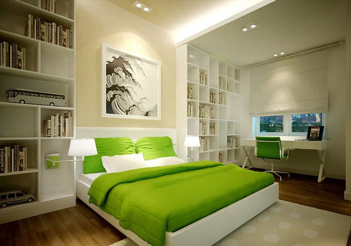 Зеленое покрывало на белой кровати