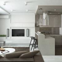 Серо-белый интерьер кухни-гостиной в стиле минимализма