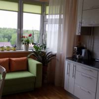 Зеленый диванчик перед окном кухни