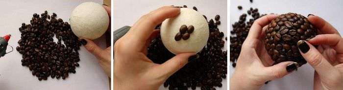 Оклейка белого шарика кофейными зернами своими руками