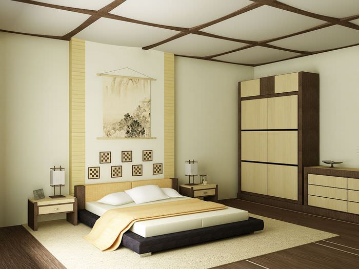 Низкая кровать в спальне японского стиля