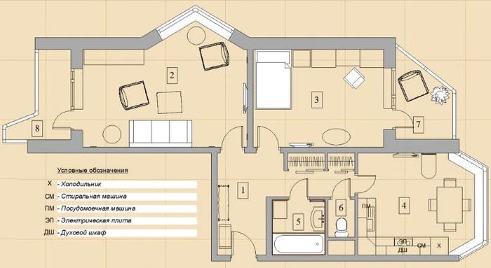 План-схема типовой распашонки в доме серии 44т