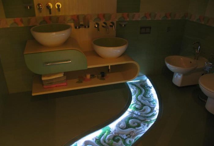 Декоративная подсветка пола в интерьере ванной комнаты