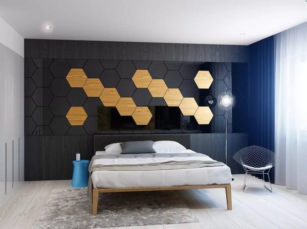 Динамичности в помещении можно добавить при помощи геометрии на стенах — соты, волны, зигзаги, квадраты.