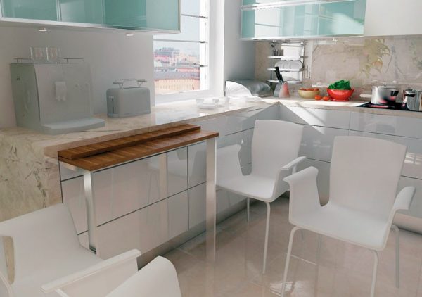 Для маленькой кухни лучшая альтернатива полноценного стола - выдвижная дополнительная столешница, которая убирается в гарнитур после использования