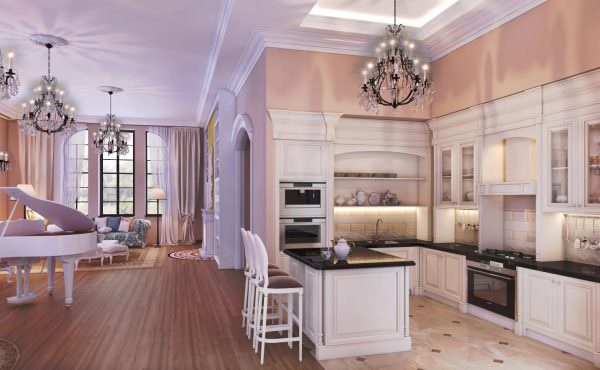 Чтобы дополнительно зонировать помещение визуально, рекомендуется выбирать разное напольное покрытие для кухни и гостиной. 